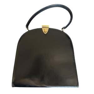 Vintage 1950s 1960s Black Leather Frame Handbag Gold Clasp Top Handle Purse